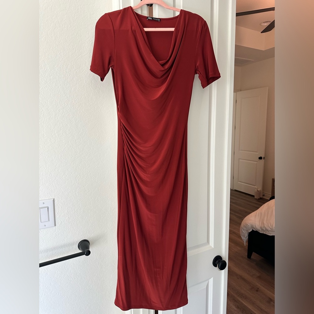 Zara Red Long Sleeve Draped Dress